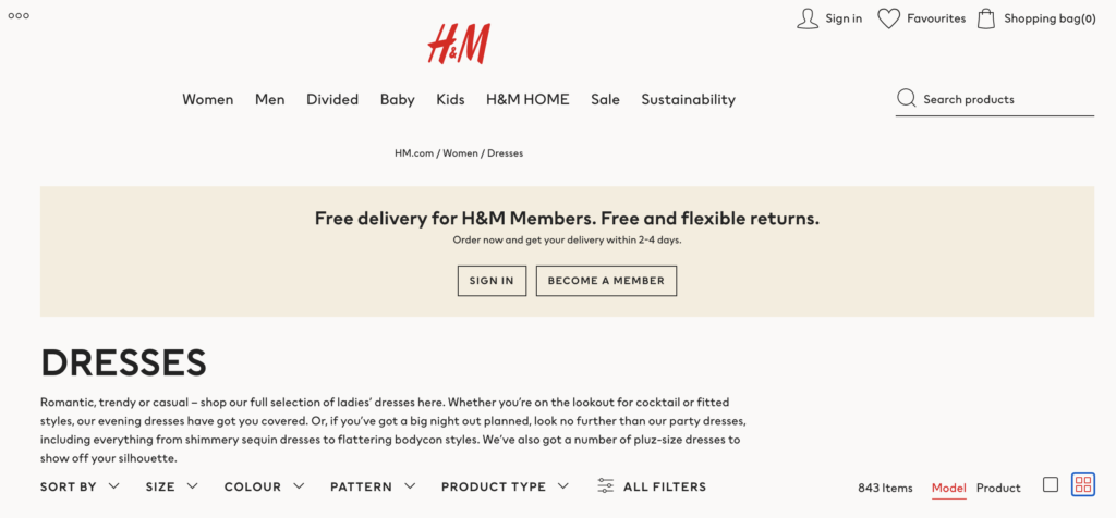 A screenshot of the browsing filters on the H&M website