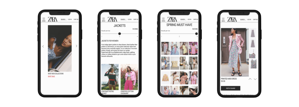 4 mockups showing the mobile interfaces of my zara redesign