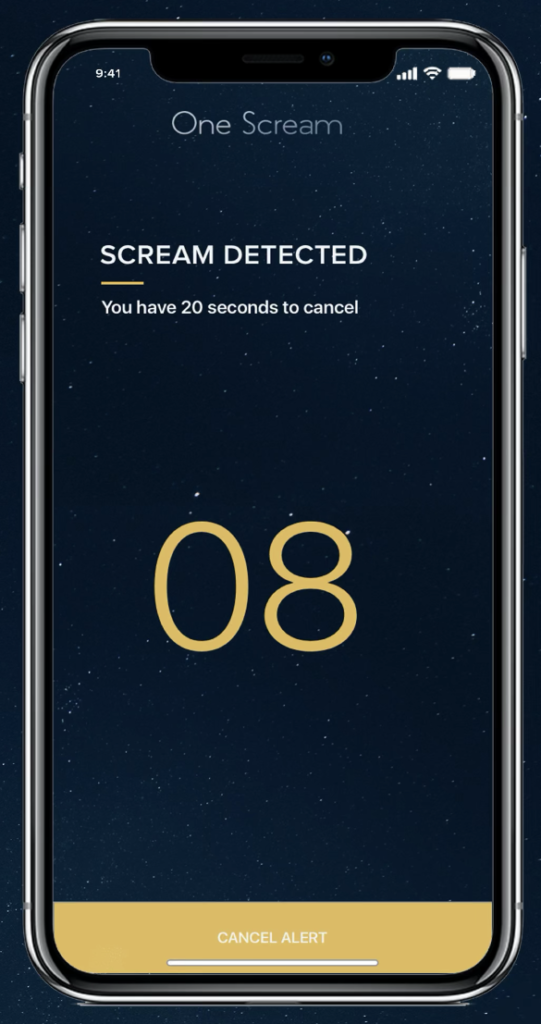 A screenshot of the women's safety app 'One Scream'