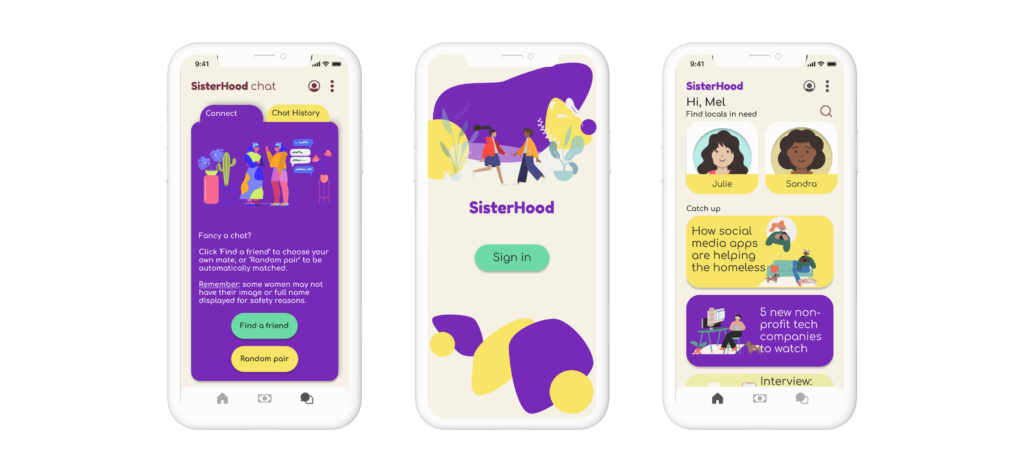 Three mobile mockups of an app directed at homeless women and women who want to help them