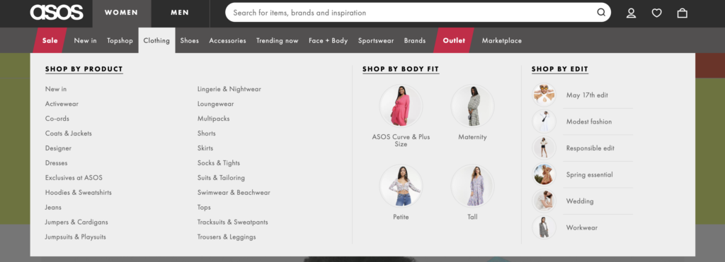 A screenshot of the ASOS navigation menu