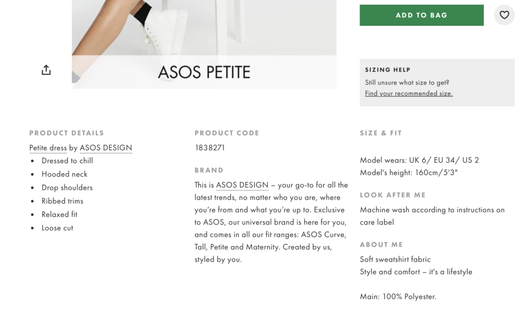 A screenshot of the product details of a white hoodie on ASOS