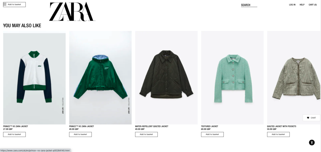 A screenshot of ZARA's product page. There is a row of suggested products.