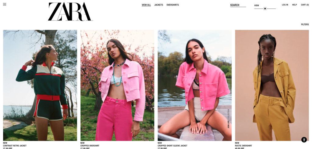 A screenshot of ZARA's product browsing page. 4 images of stylish jackets are in a row.